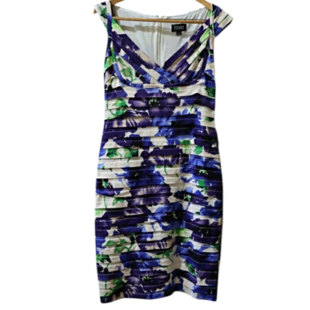Adrianna Papell Floral Blue and Purple Pleated Bodycon Mini Dress 12 Garden Part
